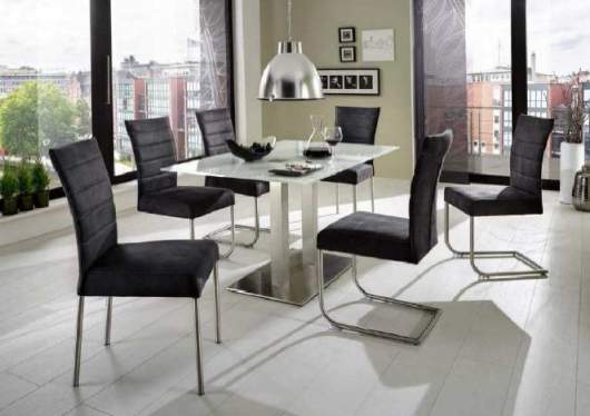 Niehoff Sitzmöbel | 4-Fuß Stuhl - Gestell Edelstahl gebürstet, Bezug Micro grau oder braun 1811-02-xxx