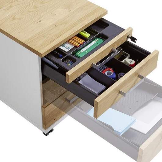 Röhr Objekt.Pur | Rollcontainer mit 1 Materialauszug, 3 Schubkästen - Front Massivholz Eiche - 43,1 x 53,7 x 79,0 cm